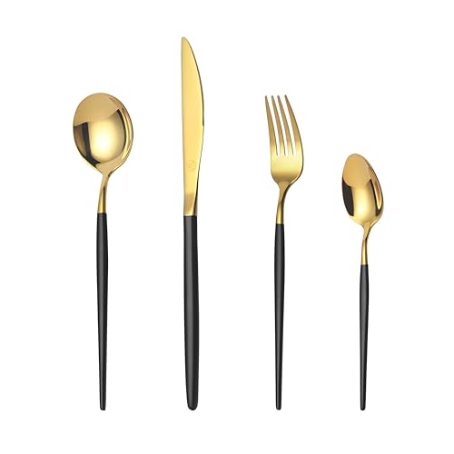 Mr.Spoon Juego de 24 piezas cubiertos para 6 personas,acero inoxidable 18/0, mango negro cabeza dorada, con cuchillo, tenedor, cuchara, apto para lavavajillas.Para Casa, Hotel, Restaurante