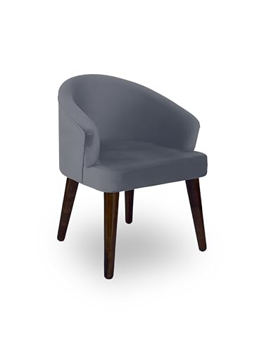 Image of DaneWood Wooden Upholstered Dining Chair | Single Accent Chair for Living /Drawing Room, Bedroom & Office | Upholstery Barrel Arm Chair with Velvet Fabric | Sheesham Wood Legs, Grey