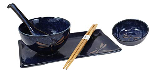 Ebros Gift Japanese Mino Ware Tombo Dragonfly Blue Porcelain Sushi Dinnerware 10Pc Set For 2 People Pairs Of Sushi Plates Soup And Sauce Bowls Bamboo Chopsticks Asian Soup Spoons Housewarming Gift #TOP4