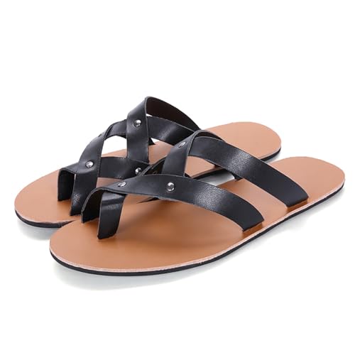 RYNKOMA Men's Leather Rivet CrossStrappy Round Open Toe Loop Flat Slide Sandals Summer Fashion Slip-On Clip Toe Thong Flip Flops Casual Comfortable