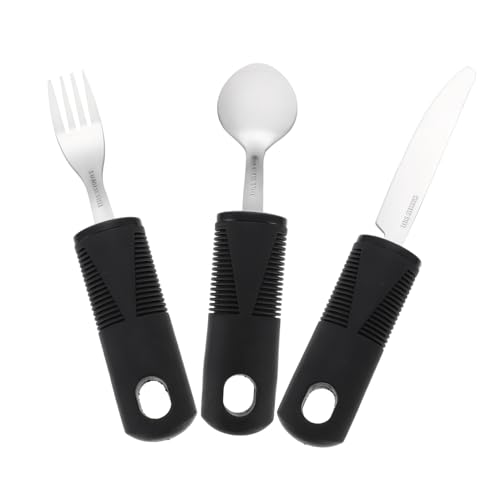 Abaodam 防振仕様ステンレス製高齢者用屋内食器 軽量グリップ付き 用カトラリー 包持ちやすく滑りにくいフォークスプーン大柄三点