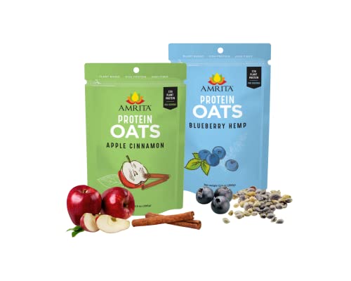 Amrita Apple Cinnamon (14 Oz) + Blueberry Hemp (14 Oz) Overnight Protein Oats | High Fiber, Low Sugar Oatmeal, Breakfast Cereal, Protein Shakes, Healthy Snacks | Old Fashioned Rolled Oats | Vegan, Non #TOP29