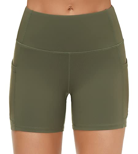 Image of THE GYM PEOPLE High Waist Yoga Shorts for Women's Tummy Control Fitness Athletic Workout Running Shorts with Deep Pockets