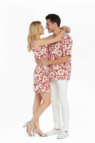 Image of Matchable Couple Hawaiian Luau Men Shirt or Women Tank Dress in Classic Vintage Hibiscus