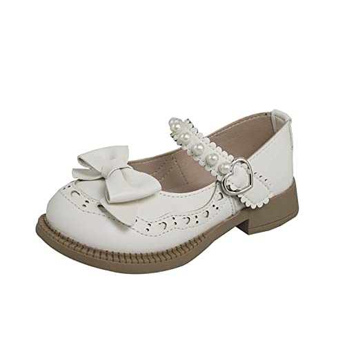 Girls Closed Toe Mary Jane Uniform Shoes Toddler Flower Girl Dress Shoes Pearls Bow Low Heels for Part𝐲 Student