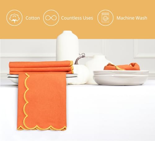 Image of PurpleEssences Scalloped Cloth Napkins 18x18 in - Orange Edge Golden Yellow
