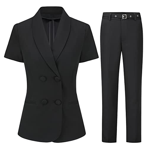 YUNCLOS Women's Two Pieces Suit Set Short Sleeve Blazer and Suit Pants