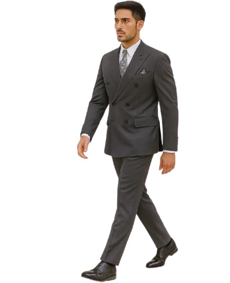 Mens Classic Wool Feel Double Breasted Suit in Heather Grey