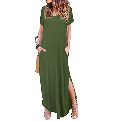 Arolina Women Summer Maxi Dress Short Sleeve V Neck Casual Loose Long Split Dresses Beach Vacation Sundress with Pockets Army Green Medium