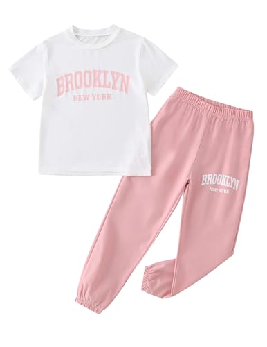 Image of Girl's Tracksuit Sets 2 Piece Outfits Trendy Cute T-shirt Matching Jogger Sweatpants Clothes Set Pink /White 11-12 Years