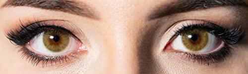 Kontaktlinsen farbig ohne Stärke hellbraun | farbige Halb-Jahreslinsen bernstein | weiche Linsen Hydrogel | 2 Stück Farblinsen + Linsenbehälter | 0.0 Dioptrien | natürliche Farben | Charmiga Amber