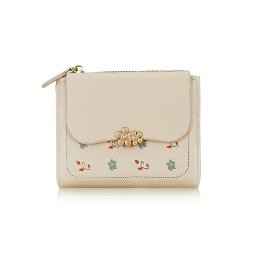 Small Ladies Wallet, Cute Flower Slim Wallets for Women Bifold Card Holder Wallet Compact Mini Wallets Coin Purse with ID Window (White)