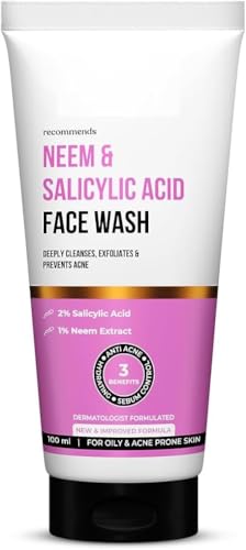 DK Neem & 2% de ácido salicílico limpiador facial | para pieles grasas y propensas al acné | 1% zinc Pca, vitamina E, C y B5 | Limpia profundamente | Exfolia la piel | Previene el acné | para hombres