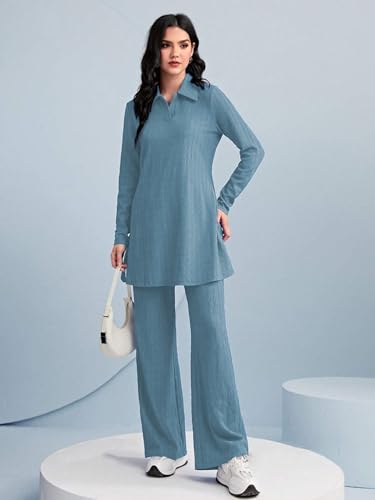 Tadkee Women's Solid Color Two-Piece Set | Long Sleeve Top & Wide Leg Pants Co-Ord Set | Casual Wear Co Ord Set (Fn-Full-Sleeve-Cord-125-Aqua-L)
