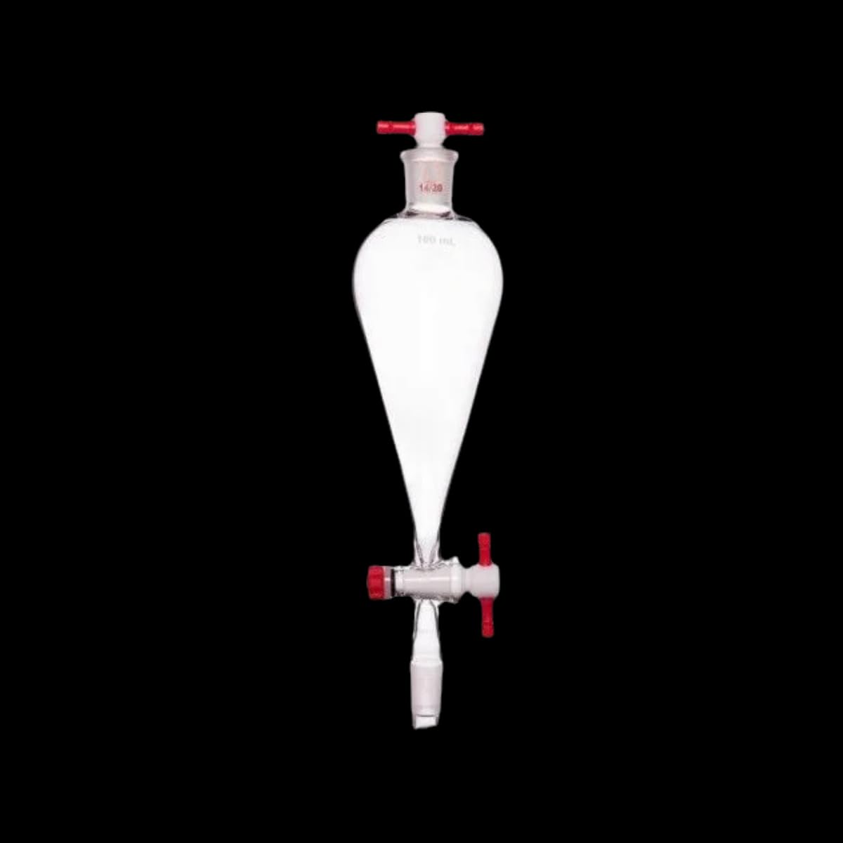 Embudo de decantación cónico de vidrio de borosilicato con juntas 14/20, llave de paso y tapón de PTFE - Capacidad de 10 ml a 125 ml(100ml)