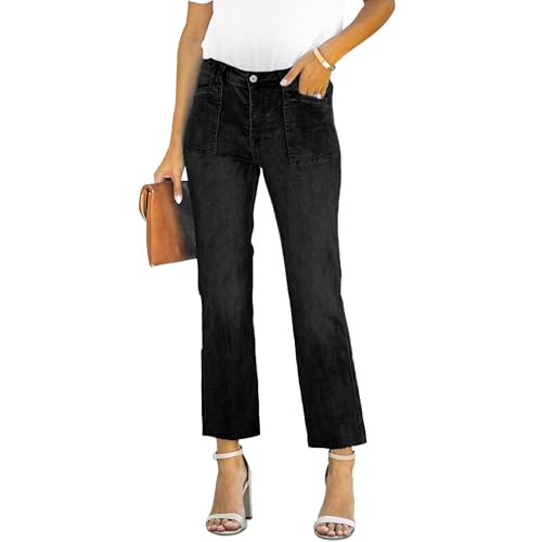 ALLABREVE Wide Leg Jeans for Women High Waisted Stretchy Denim Capri Pants Hem Cropped Baggy Straight Leg Jeans with Pocket