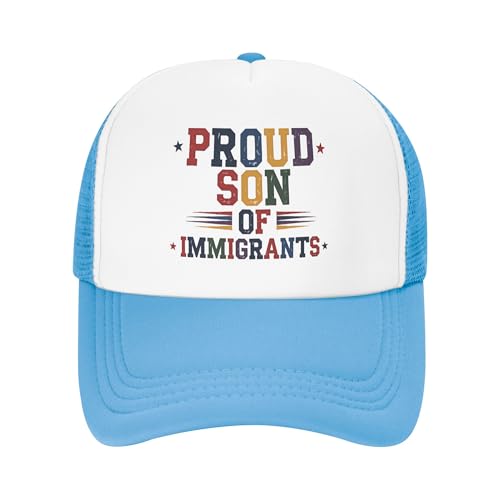 Vetrova Proud Son of Immigrant Trucker Hat Fuck Racism Baseball Cap Mesh Back Adjustable Hats for Kids - Sky Blue