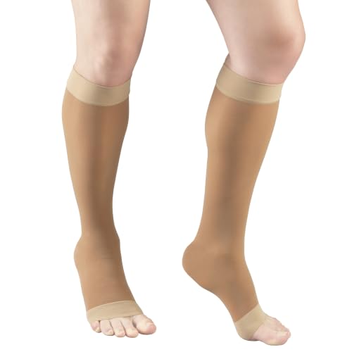 Image of Truform Sheer Compression Stockings, 8-15 mmHg, Women's Open Toe, Knee High Length, 20 Denier, Beige, Medium