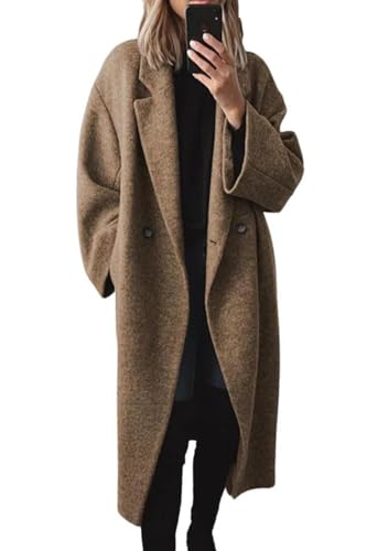 yoeasy Women's Winter Notch Lapel Double Breasted Pea Coat Wool Blend Long Sleeve Casual Long Trench Coat