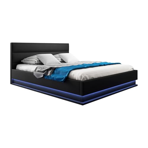 MB Muebles Bonitos, Cama de Matrimonio Nitas para Colchón de 150x190 cm, Luz LED, Canapé Abatible, Somier de Láminas, Estructura de Madera tapizada en Polipiel, Color Negro