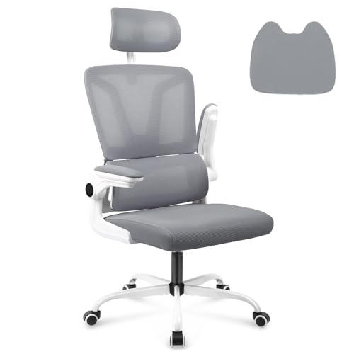 Soontrans Silla Ergonomica De Oficina, Silla Escritorio Con Cojín Lumbar, Reposacabezas Ajustable Y 3d Apoyabrazos Plegable, Silla Giratoria Con Función De Inclinación, Altura Regulable, Gris