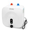 Fisoceny 2.5 Gallon Mini Tank Water Heater Under Sink Hot Water 1500W 120V Water Heaters for RV Kitchen RV 1/2”NPT Stainless Steel Hose 3-way Fitting White