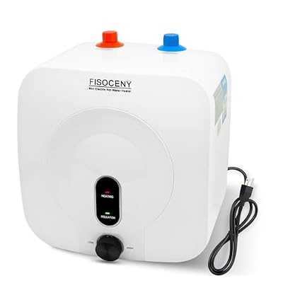 Fisoceny 2.5 Gallon Mini Tank Water Heater Under Sink Hot Water 1500W 120V Water Heaters for RV Kitchen RV 1/2”NPT Stainless Steel Hose 3-way Fitting White