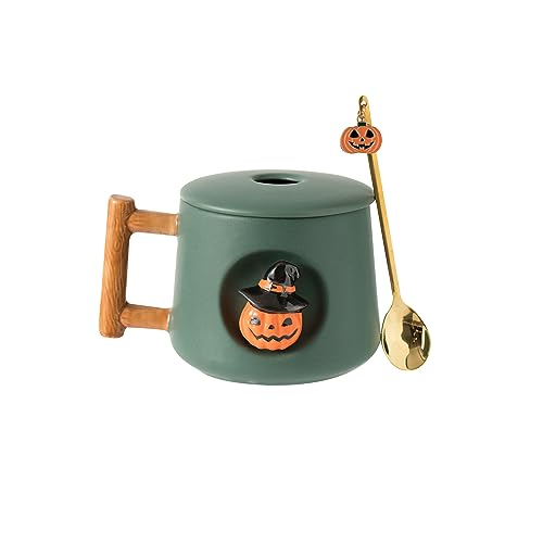 Image of DIHOclub Adorable 3D Ceramic Pumpkin Head Mug with Lid and Spoon - Perfect for Coffee, Tea, Milk, and More - Ideal Gift for Halloween - 14 Ounces (HalloweenG)