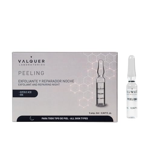 Valquer Peeling Facial Exfoliante y Reparador de Noche en Ampollas. Renueva la Piel aportando Suavidad con Ácido Glicólico y Alfahidroxiácidos para Todo Tipo de Piel. Pack 5 unidades de 2 ml.
