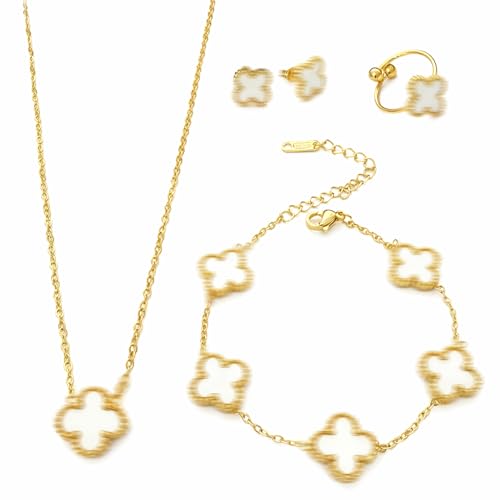 18K Goldplattiertes Vierblättriges Kleeblatt Schmuck Set, Edelstahl Zweiseitig Vierblättriges Schmuck, Halskette Ohrringe Armband Ring Valentinstag Muttertag Weihnachten Geschenk für Damen und Mädchen