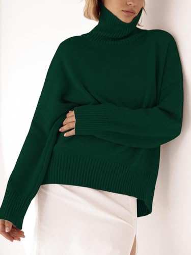 Image of YKR Women's Turtleneck Sweater Chunky Long Sleeve Knitted Pullover High Low Hem Sweater Jumper Top ArmyGreen M
