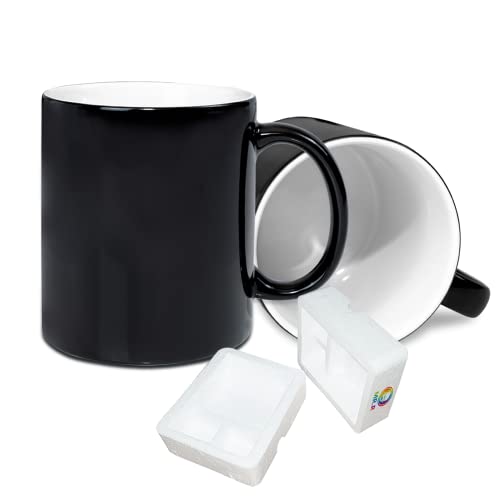 MR.R Juego de 2 vasos en blanco para sublimación, lavavajillas, 325 ml, vacíos, de cerámica, taza mágica, cambio de color, taza de café, taza de café, taza blanca con asa negra