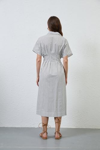 Image of MISSACTIVER Button Front Pleated Shirt Dress for Women Summer Striped Short Sleeve Lapel V Neck Corset Maxi Dress