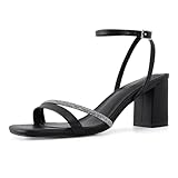 GRACESTRIDE Rhinestone Strappy Heels for Women Square Toe Chunky Block Heels Ankle Buckle Heeled Sandals(6.5,Black)