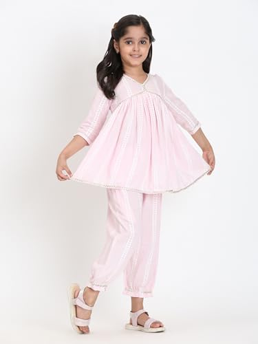 Image of Maaesa Girls' Light Pink & White Striped Cotton Alia Kurta and Afghani Pants Set | Sleeves | V-Neck with Metallic Trim | Lightweight & Breathable | Festive & Casual Wear