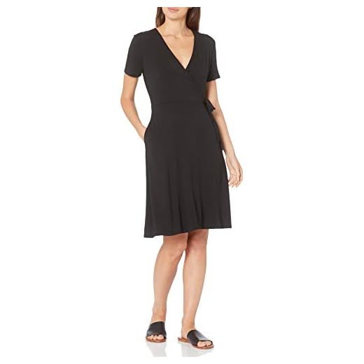 Amazon Essentials Women's Cap-Sleeve Faux-Wrap Dress, Black, Large