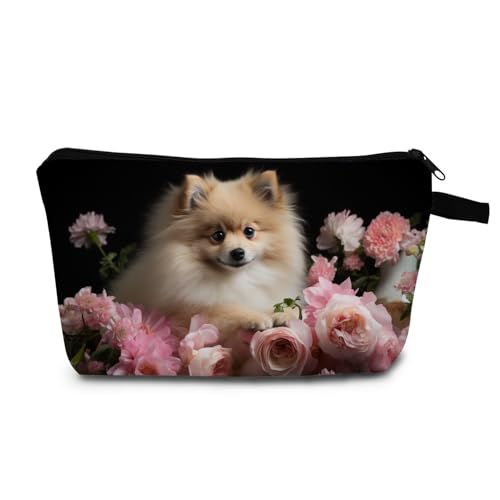 MoCaliduccious Pomeranian & Pink Roses Cosmetic Bag Dog Enthusiast Gift for Mother’s Day Thanksgiving & Special Occasions Pet Lovers Makeup Bag