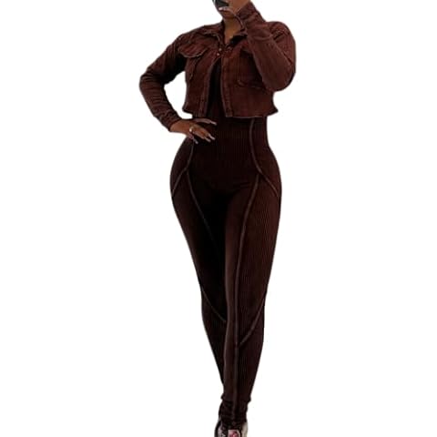 Cupitool Women Distressed Ribbed 2 Piece Outfits Long Sleeve Open Front Crop Jacket and Bodycon Jumpsuit Sweatsuit Sets Cover