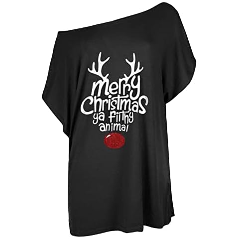 NetSetUK Womens Christmas Print T-Shirt Off Shoulder Oversized Top Batwing Sleeve Tunic Top Design 1 - Black Merry Christmas Ya Filthy Animal Print UK 20-22 Cover