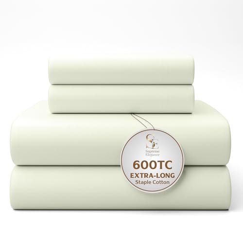 Image of 100% Cotton Queen Ivory Sheets, 600-Thread-Count 4-Piece Sateen Weave Sheet Set, Ultra Soft & Silky, Wrinkle-Resistant, Low Pill, Low Shrink, With Elasticized Deep Pocket, Luxury Queen Bedding Set