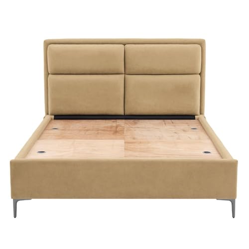 Image of Wakefit Bed | Queen (78 X 60) Solid Wood Bed, Upholstered, Without Storage, 3 Year Warranty - Zewail - Napoli Beige