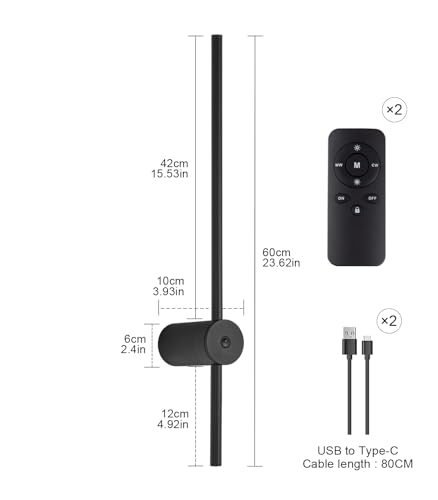 Battery Operated Wall Sconce Set of Two, USB Rechargeable LED Wall Lights with Remote Control, Dimmable Cordless Wall Lamp Indoor, 360° Rotation Reading Lamp for Living Room, Bedroom, Black - 24In