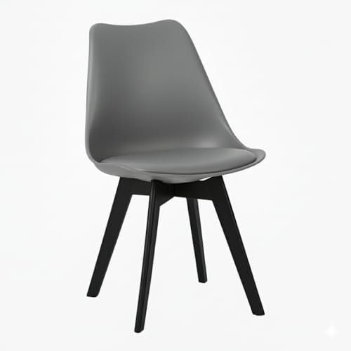 Image of Modern Bar Stool with Black Legs, Gray Cushioned Seat, Contemporary Dining Chair, Curved Back Design