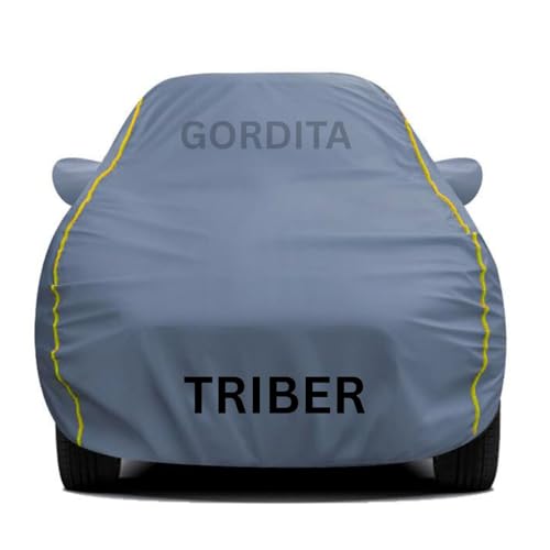 Image of Waterproof Car Body Cover for Triber All Weather Protection Comes with Inner Cotton Lining & Triple Stitched with Mirror & Antenna Pocket Belt & Elastic Fit Grey with Yellow Piping2