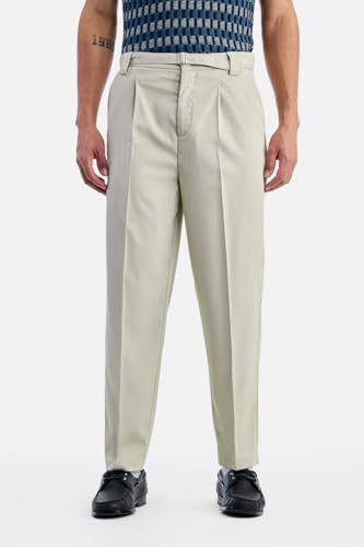 Image of SNITCH Men Trousers Formal Wear | Relaxed Fit Straight Leg Pleated Front & Turned-up Hem Design | Polyester Blend Medium-Stretch Fabric for Office Meetings & Daily Professional Use