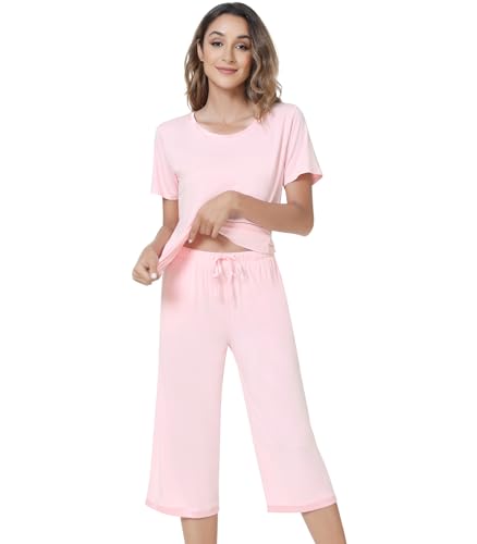 Image of NACHILA Pajamas for Women-Viscose Made from Bamboo,Satin Crew Neck Pajama Sets Short Sleeve Pjs with Capri Pants