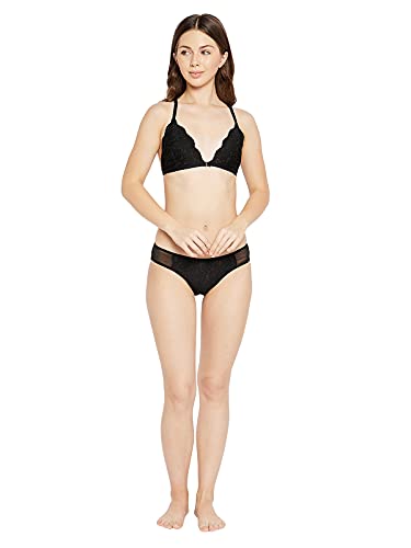 Image of Clovia Women's Lace Non-Padded Non-Wired Front Open Bralette & Semi-Sheer Bikini Panty Set-Black