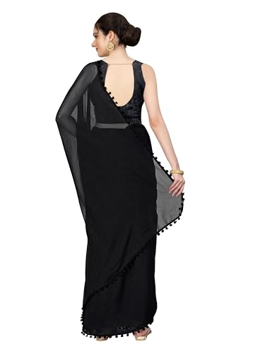 Image of StyleScope Women's Zomato Chiffon Georgette Pom Pom Lace Bordered Saree With Unstitched Blouse Piece (Zomatoo)