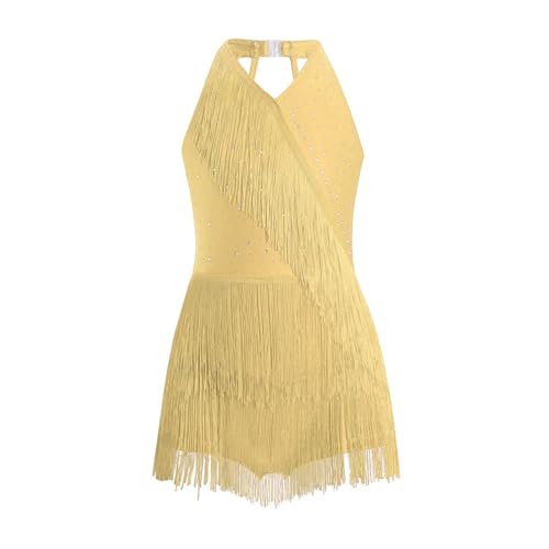 Aislor Fille Ballerine Robe Ballet Compétitions Enfant Tutu Robe Danse Latine Salsa Samba Tango Cha-cha Combinaison À Franges Strass Jaune 9-10 Ans
