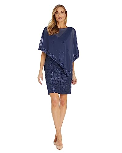 Image of R&M Richards Women's Knee-Length Glitter Sequin Lace Dress W /Sheer Asymmetric Poncho Overlay | Evening Cocktail Attire